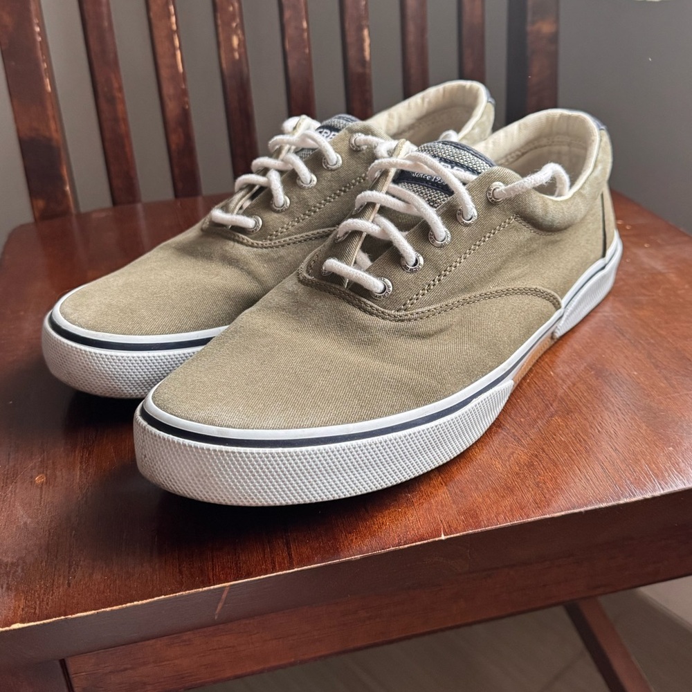 Sperry Olive Canvas Low-Top Sneakers with White Soles